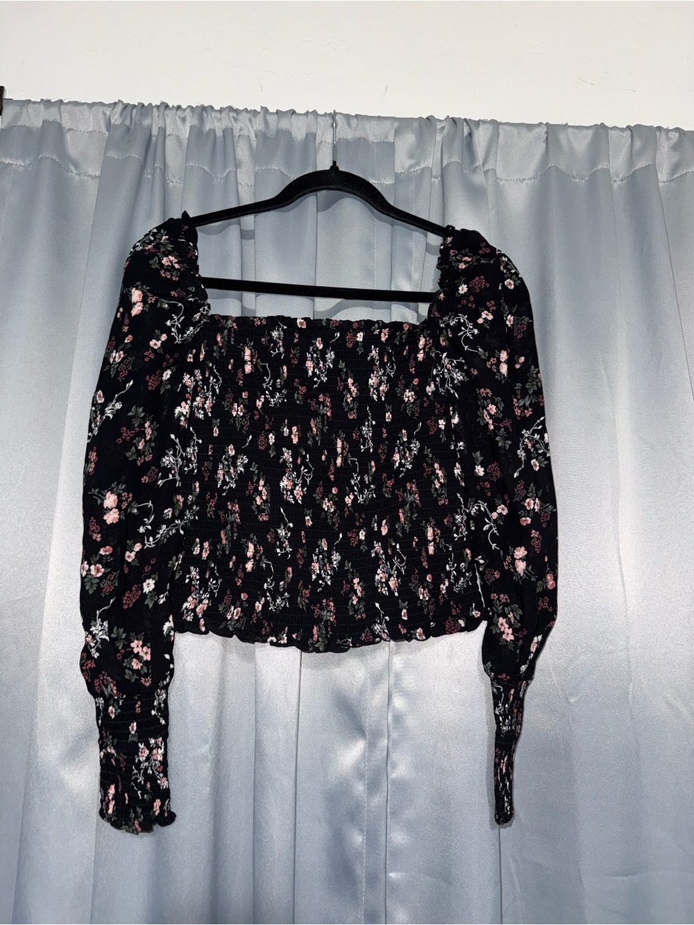 Reformation Black Smocked Off-Shoulder Top with Pink Floral
